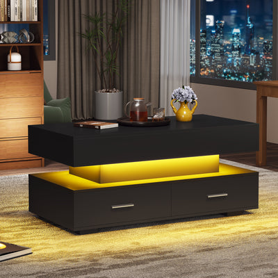 Table Basse Noire Hydraulique à Plateau Relevable avec LED Intégrée et Rangement Optimisé ZAKS BLACK