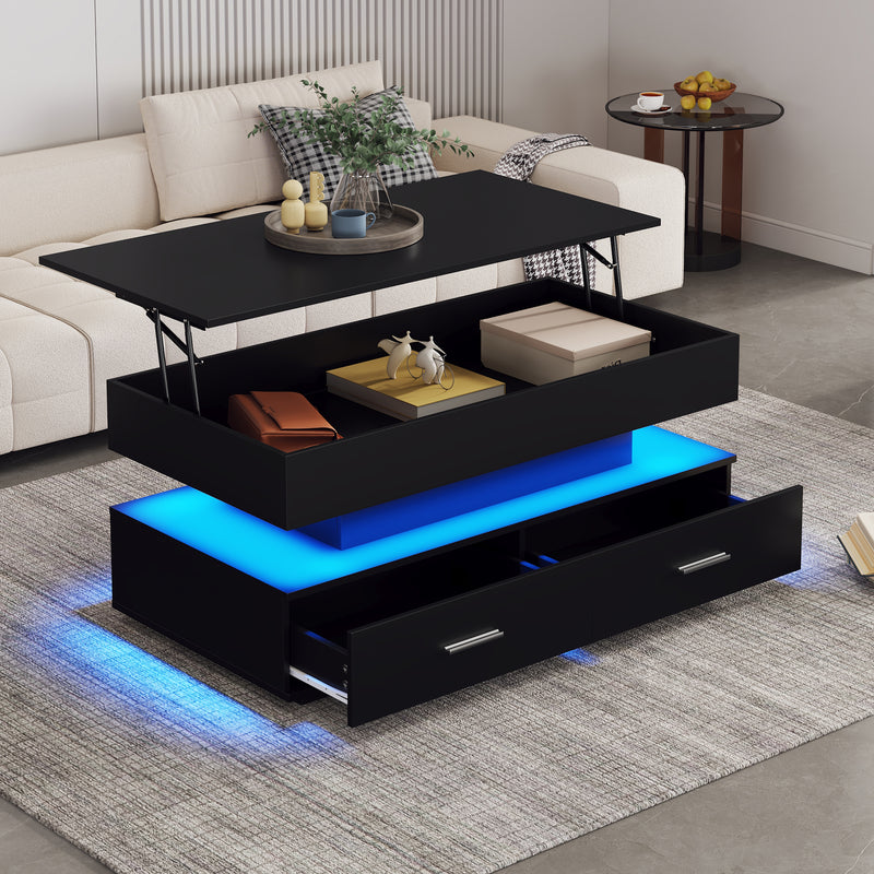 Table Basse Noire Hydraulique à Plateau Relevable avec LED Intégrée et Rangement Optimisé ZAKS BLACK