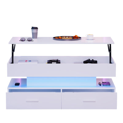 Table Basse Blanche Hydraulique à Plateau Relevable avec LED Intégrée et Rangement Optimisé ZAKS WHITE