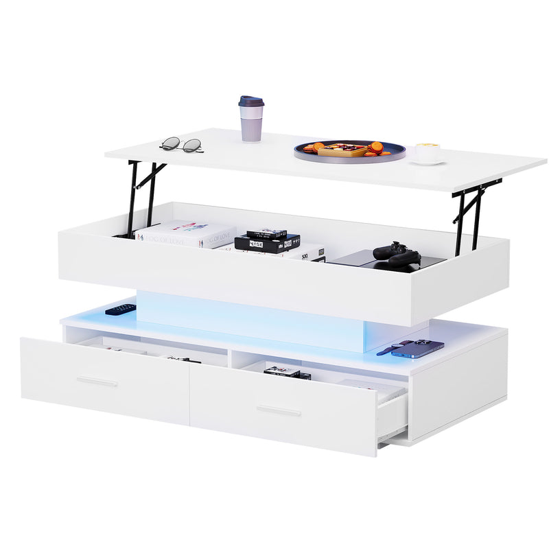 Table Basse Blanche Hydraulique à Plateau Relevable avec LED Intégrée et Rangement Optimisé ZAKS WHITE