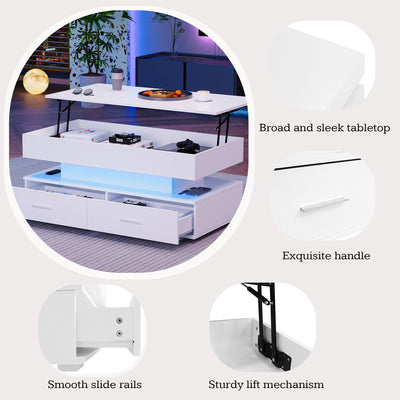 Table Basse Blanche Hydraulique à Plateau Relevable avec LED Intégrée et Rangement Optimisé ZAKS WHITE