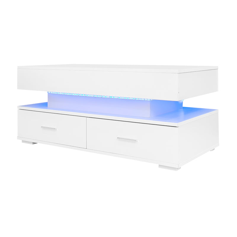 Table Basse Blanche Hydraulique à Plateau Relevable avec LED Intégrée et Rangement Optimisé ZAKS WHITE