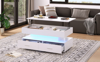Table Basse Blanche Hydraulique à Plateau Relevable avec LED Intégrée et Rangement Optimisé ZAKS WHITE