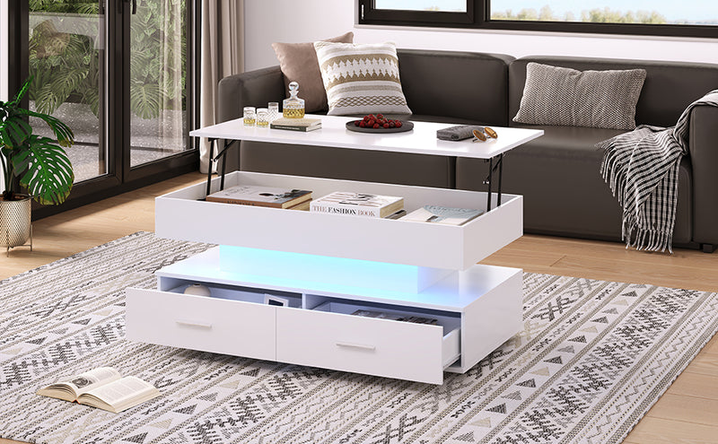 Table Basse Blanche Hydraulique à Plateau Relevable avec LED Intégrée et Rangement Optimisé ZAKS WHITE