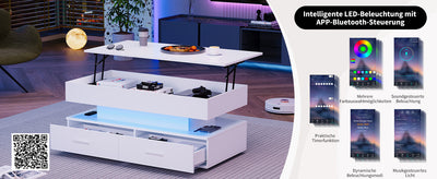 Table Basse Blanche Hydraulique à Plateau Relevable avec LED Intégrée et Rangement Optimisé ZAKS WHITE