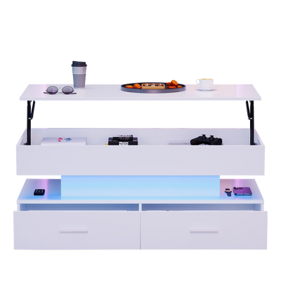 Table Basse Blanche Hydraulique à Plateau Relevable avec LED Intégrée et Rangement Optimisé ZAKS WHITE