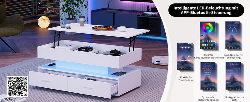 Table Basse Blanche Hydraulique à Plateau Relevable avec LED Intégrée et Rangement Optimisé ZAKS WHITE