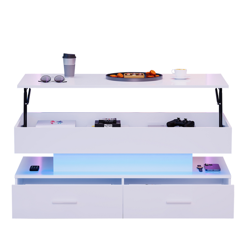 Table Basse Blanche Hydraulique à Plateau Relevable avec LED Intégrée et Rangement Optimisé ZAKS WHITE