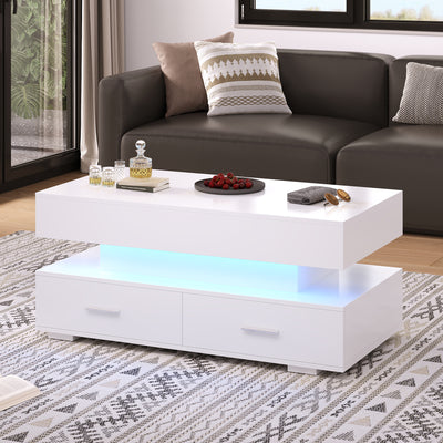 Table Basse Blanche Hydraulique à Plateau Relevable avec LED Intégrée et Rangement Optimisé ZAKS WHITE
