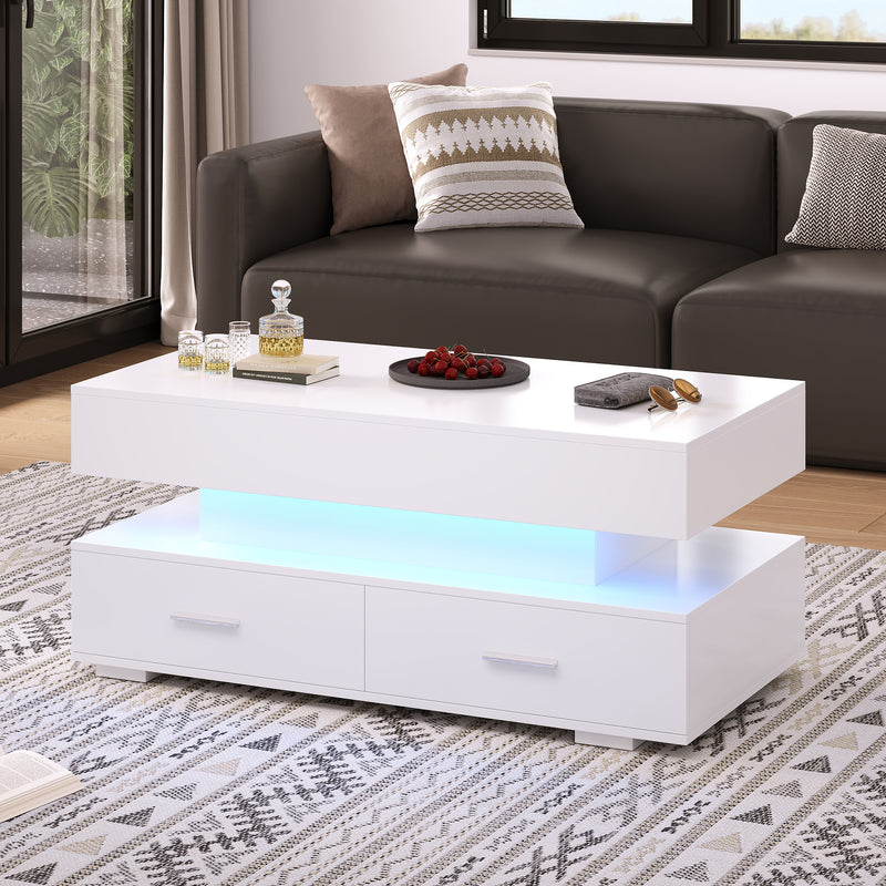Table Basse Blanche Hydraulique à Plateau Relevable avec LED Intégrée et Rangement Optimisé ZAKS WHITE