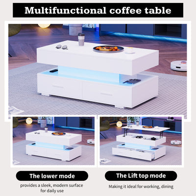 Table Basse Blanche Hydraulique à Plateau Relevable avec LED Intégrée et Rangement Optimisé ZAKS WHITE