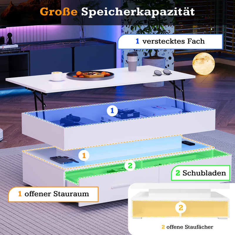 Table Basse Blanche Hydraulique à Plateau Relevable avec LED Intégrée et Rangement Optimisé ZAKS WHITE