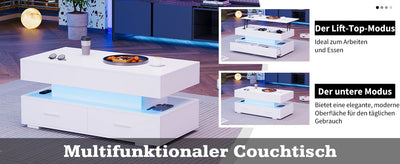 Table Basse Blanche Hydraulique à Plateau Relevable avec LED Intégrée et Rangement Optimisé ZAKS WHITE