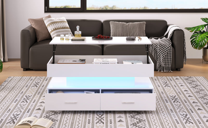 Table Basse Blanche Hydraulique à Plateau Relevable avec LED Intégrée et Rangement Optimisé ZAKS WHITE