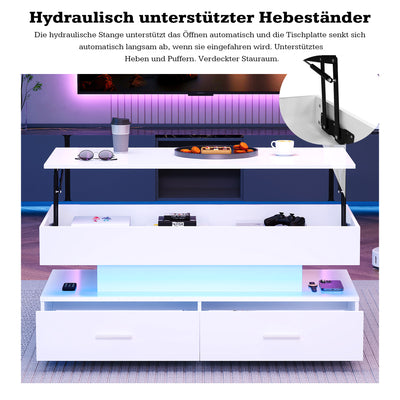 Table Basse Blanche Hydraulique à Plateau Relevable avec LED Intégrée et Rangement Optimisé ZAKS WHITE