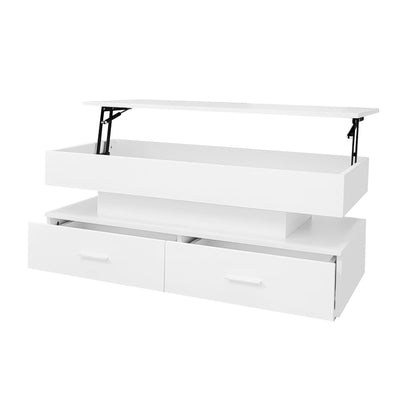 Table Basse Blanche Hydraulique à Plateau Relevable avec LED Intégrée et Rangement Optimisé ZAKS WHITE