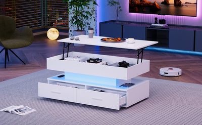 Table Basse Blanche Hydraulique à Plateau Relevable avec LED Intégrée et Rangement Optimisé ZAKS WHITE