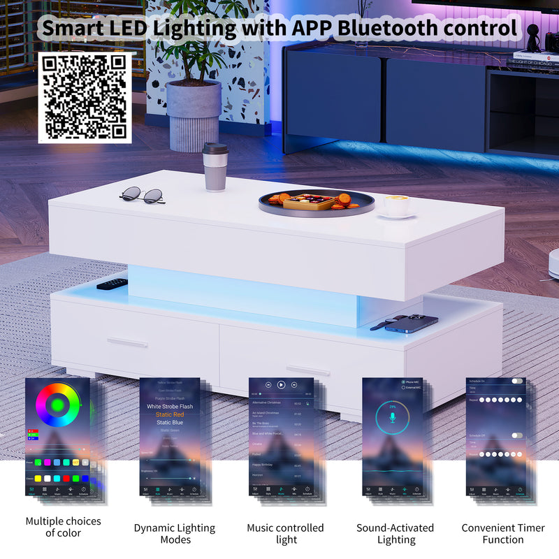 Table Basse Blanche Hydraulique à Plateau Relevable avec LED Intégrée et Rangement Optimisé ZAKS WHITE