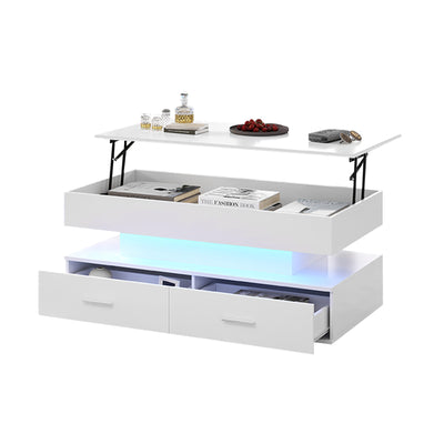 Table Basse Blanche Hydraulique à Plateau Relevable avec LED Intégrée et Rangement Optimisé ZAKS WHITE