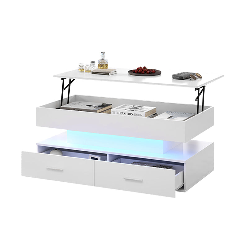 Table Basse Blanche Hydraulique à Plateau Relevable avec LED Intégrée et Rangement Optimisé ZAKS WHITE