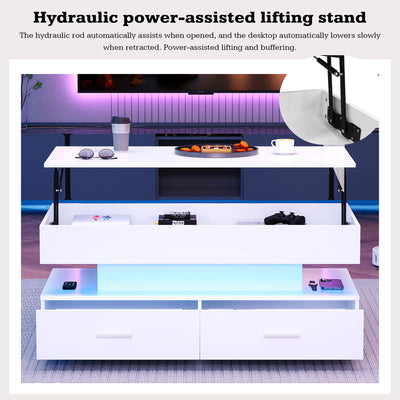 Table Basse Blanche Hydraulique à Plateau Relevable avec LED Intégrée et Rangement Optimisé ZAKS WHITE