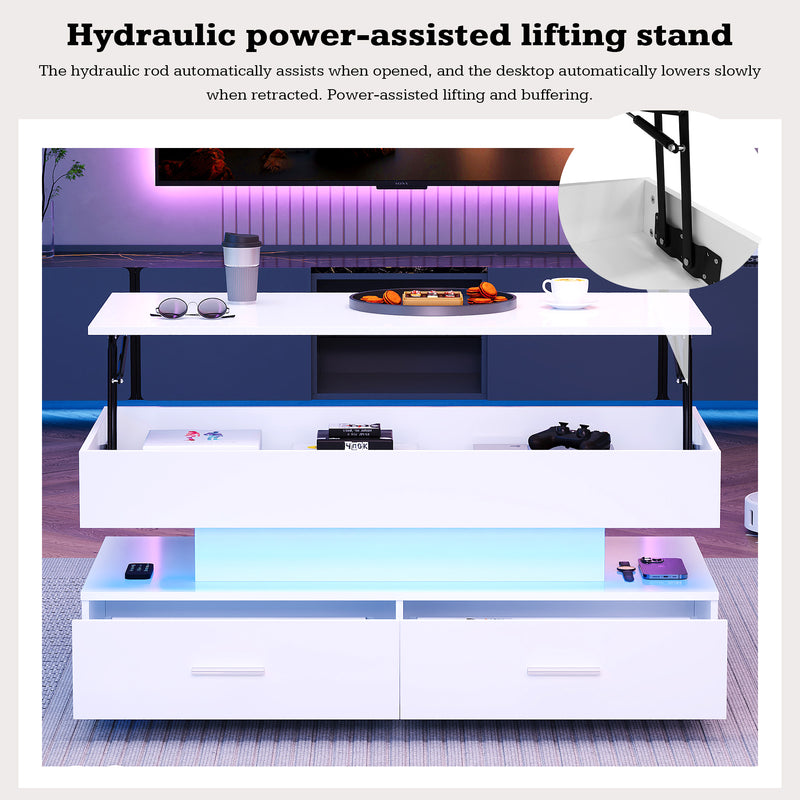 Table Basse Blanche Hydraulique à Plateau Relevable avec LED Intégrée et Rangement Optimisé ZAKS WHITE