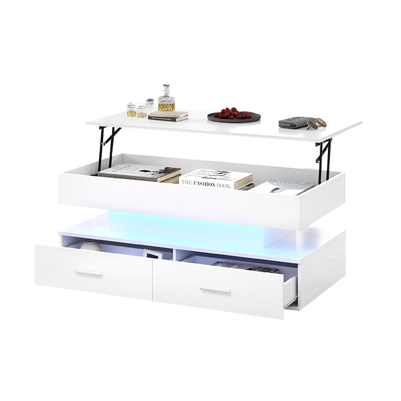 Table Basse Blanche Hydraulique à Plateau Relevable avec LED Intégrée et Rangement Optimisé ZAKS WHITE