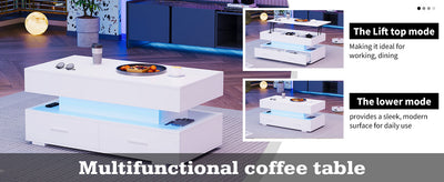 Table Basse Blanche Hydraulique à Plateau Relevable avec LED Intégrée et Rangement Optimisé ZAKS WHITE