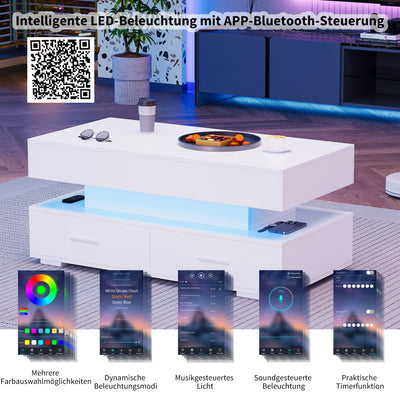 Table Basse Blanche Hydraulique à Plateau Relevable avec LED Intégrée et Rangement Optimisé ZAKS WHITE