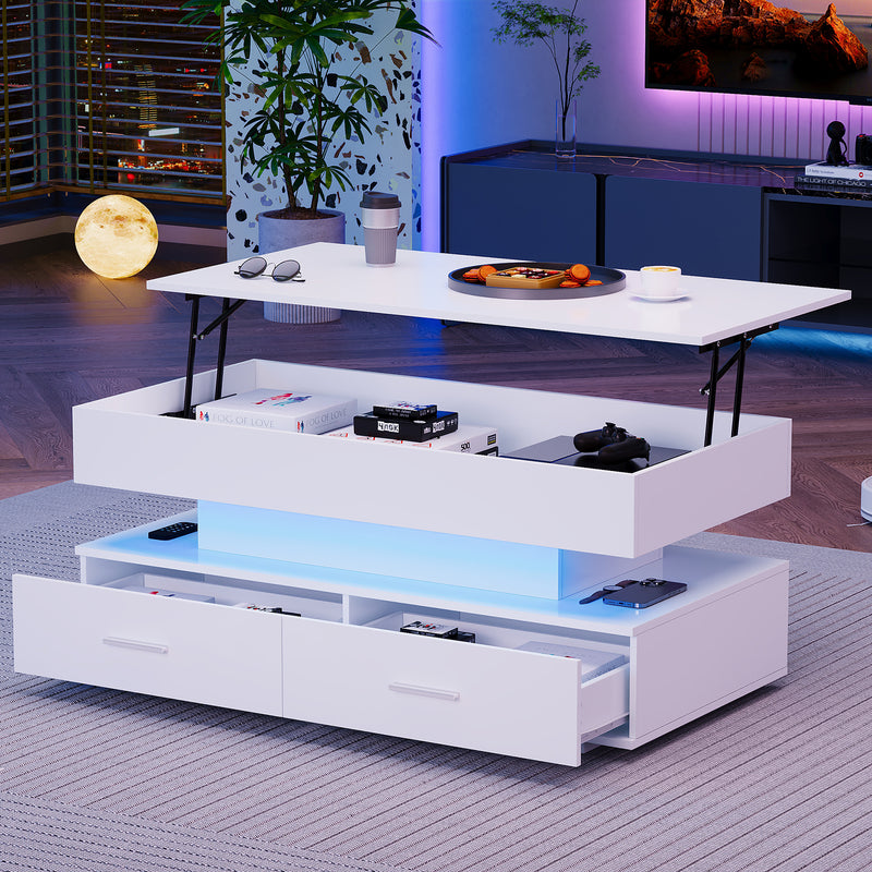 Table Basse Blanche Hydraulique à Plateau Relevable avec LED Intégrée et Rangement Optimisé ZAKS WHITE