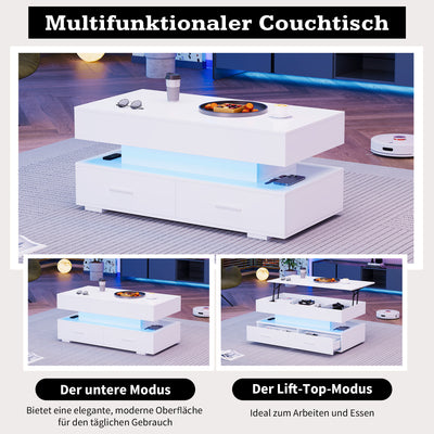 Table Basse Blanche Hydraulique à Plateau Relevable avec LED Intégrée et Rangement Optimisé ZAKS WHITE