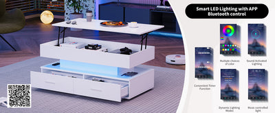 Table Basse Blanche Hydraulique à Plateau Relevable avec LED Intégrée et Rangement Optimisé ZAKS WHITE