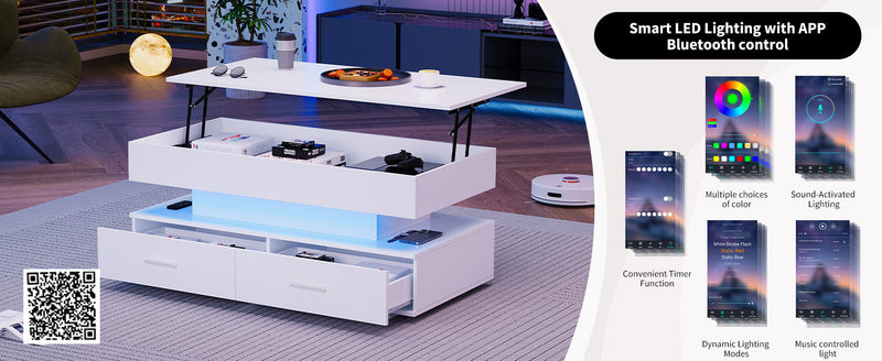 Table Basse Blanche Hydraulique à Plateau Relevable avec LED Intégrée et Rangement Optimisé ZAKS WHITE