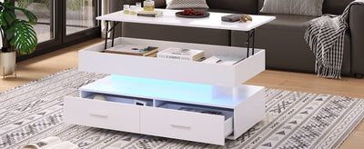 Table Basse Blanche Hydraulique à Plateau Relevable avec LED Intégrée et Rangement Optimisé ZAKS WHITE