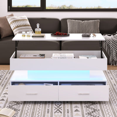 Table Basse Blanche Hydraulique à Plateau Relevable avec LED Intégrée et Rangement Optimisé ZAKS WHITE