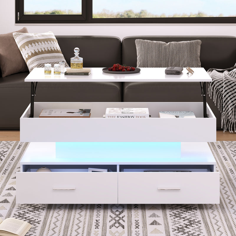 Table Basse Blanche Hydraulique à Plateau Relevable avec LED Intégrée et Rangement Optimisé ZAKS WHITE