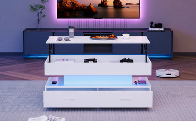 Table Basse Blanche Hydraulique à Plateau Relevable avec LED Intégrée et Rangement Optimisé ZAKS WHITE