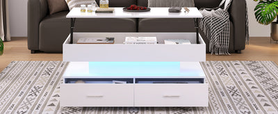 Table Basse Blanche Hydraulique à Plateau Relevable avec LED Intégrée et Rangement Optimisé ZAKS WHITE