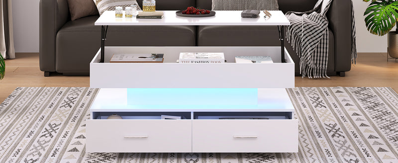 Table Basse Blanche Hydraulique à Plateau Relevable avec LED Intégrée et Rangement Optimisé ZAKS WHITE