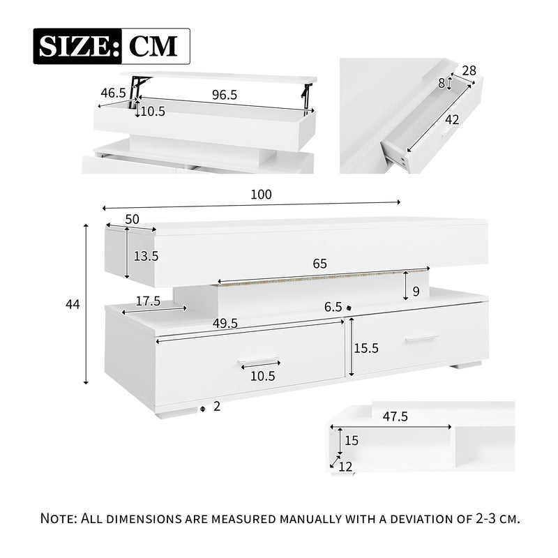 Table Basse Blanche Hydraulique à Plateau Relevable avec LED Intégrée et Rangement Optimisé ZAKS WHITE