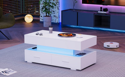 Table Basse Blanche Hydraulique à Plateau Relevable avec LED Intégrée et Rangement Optimisé ZAKS WHITE
