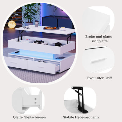 Table Basse Blanche Hydraulique à Plateau Relevable avec LED Intégrée et Rangement Optimisé ZAKS WHITE