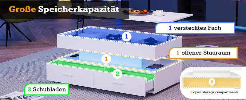 Table Basse Blanche Hydraulique à Plateau Relevable avec LED Intégrée et Rangement Optimisé ZAKS WHITE