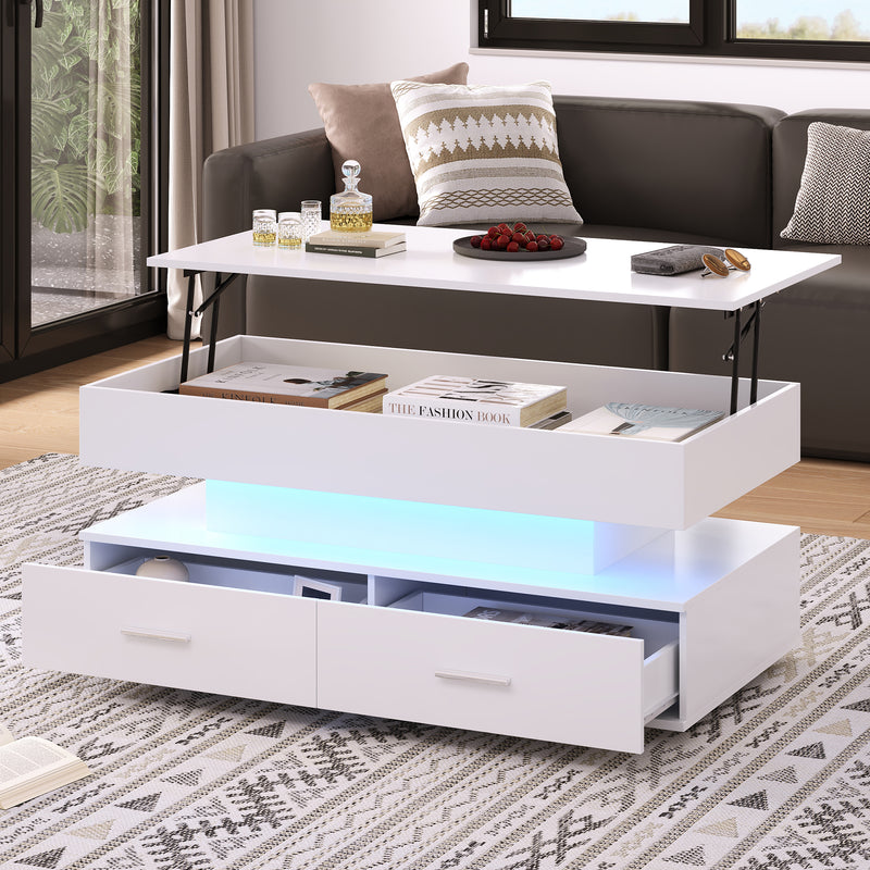 Table Basse Blanche Hydraulique à Plateau Relevable avec LED Intégrée et Rangement Optimisé ZAKS WHITE