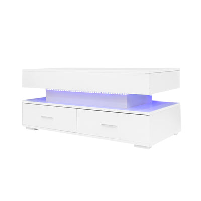 Table Basse Blanche Hydraulique à Plateau Relevable avec LED Intégrée et Rangement Optimisé ZAKS WHITE