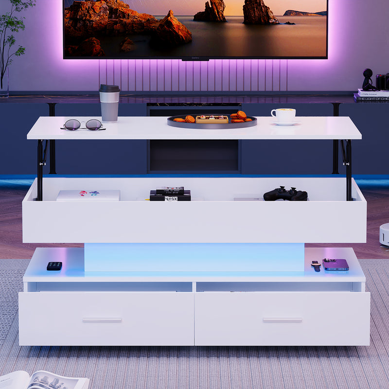 Table Basse Blanche Hydraulique à Plateau Relevable avec LED Intégrée et Rangement Optimisé ZAKS WHITE