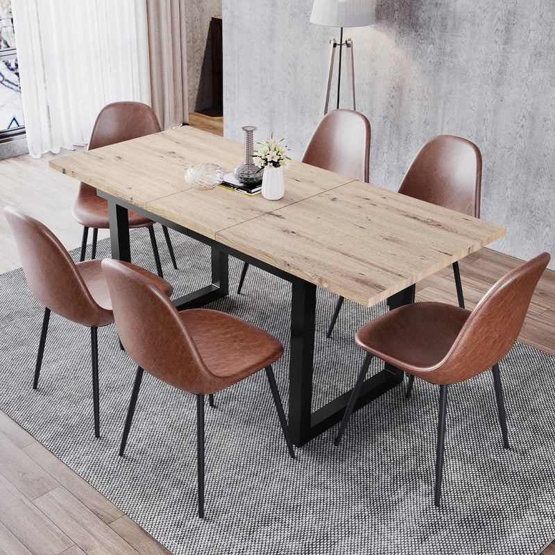 Table de Salle à Manger Extensible Industrielle Noir & Bois Naturel avec Piétement Métallique Robuste ZAXOD