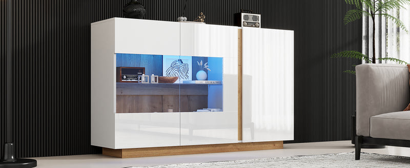 Buffet Élégant Blanc Brillant avec Éclairage LED RGB Intelligent et Portes Vitrées ZECOIN