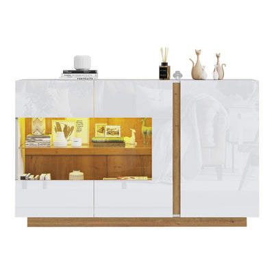 Buffet Élégant Blanc Brillant avec Éclairage LED RGB Intelligent et Portes Vitrées ZECOIN