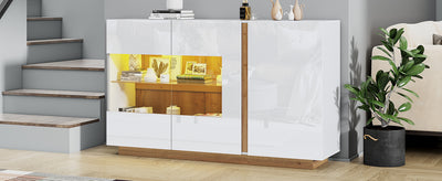 Buffet Élégant Blanc Brillant avec Éclairage LED RGB Intelligent et Portes Vitrées ZECOIN